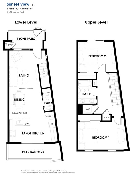 Floor plan for 2 beds, 1.5 baths, 1108 sqft